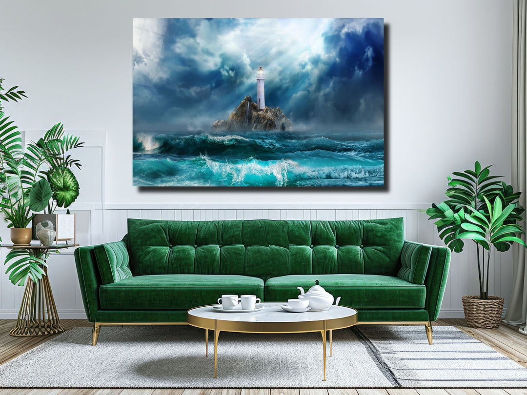 Lighthouse Blue Ocean Glass Printing Wall Art - Modern Glass Wall Decor