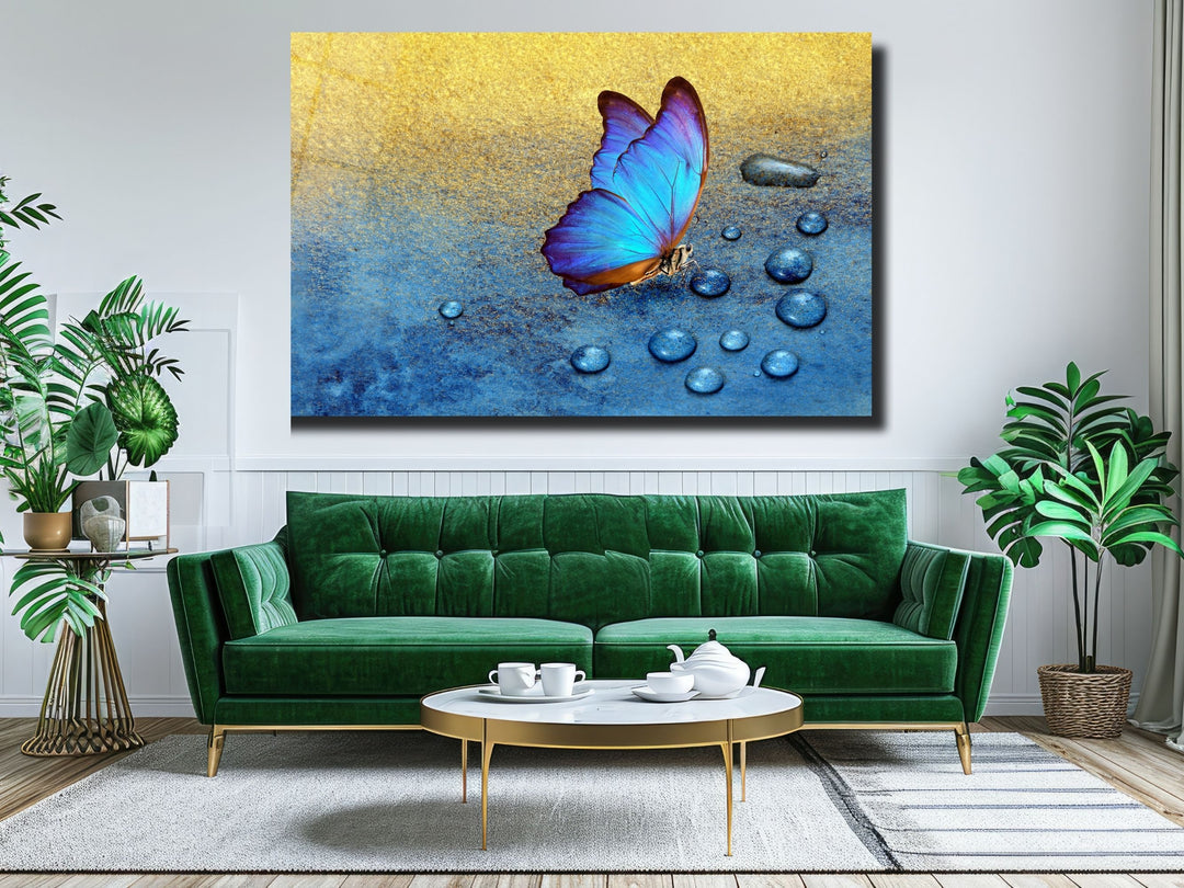 Blue Butterfly Glass Printing Wall Art - Modern Glass Wall Decor