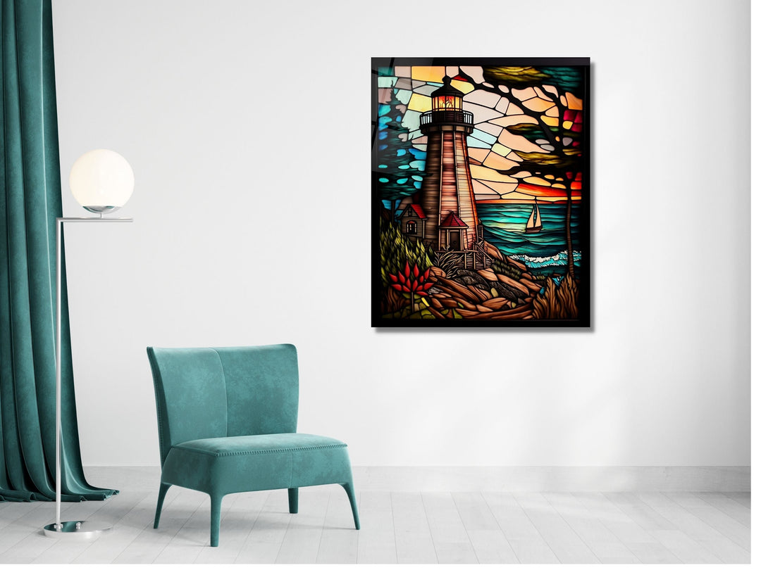 Stained Glass Light House Pattern Wall Art Window-Wall Painting Decor