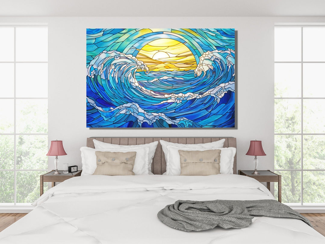 Stained Glass Ocean Wave Pattern Wall Art-Home Office Wall Painting Decor Panel