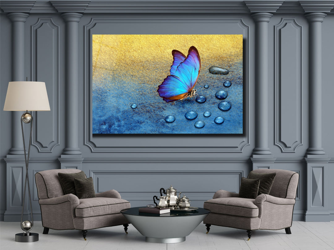 Blue Butterfly Glass Printing Wall Art - Modern Glass Wall Decor