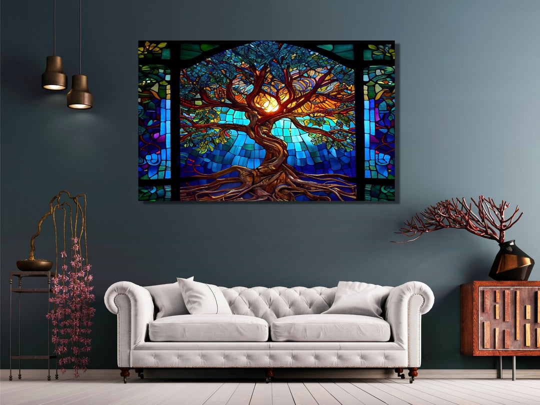 Stained Glass Tree of Life Pattern Wall Art Decor-Home&Office Glass Printing Wall Painting