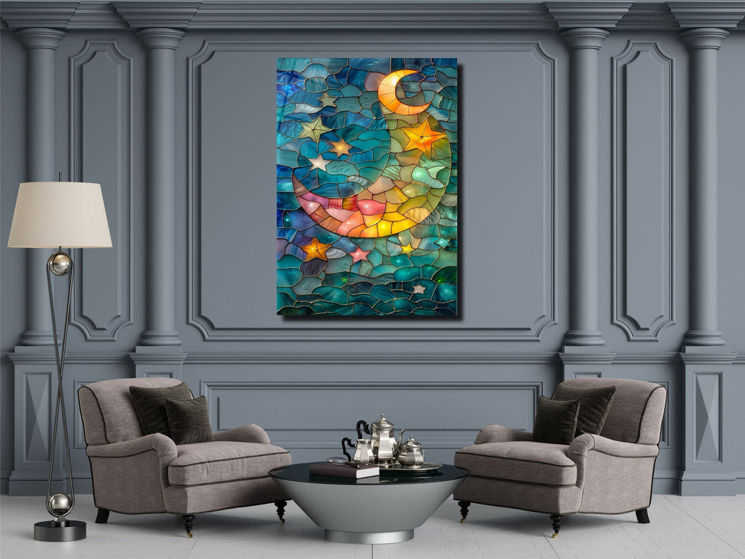 Stained Glass Moon&Star Pattern Wall Art Decor-Home&Office Glass Printing Wall Painting