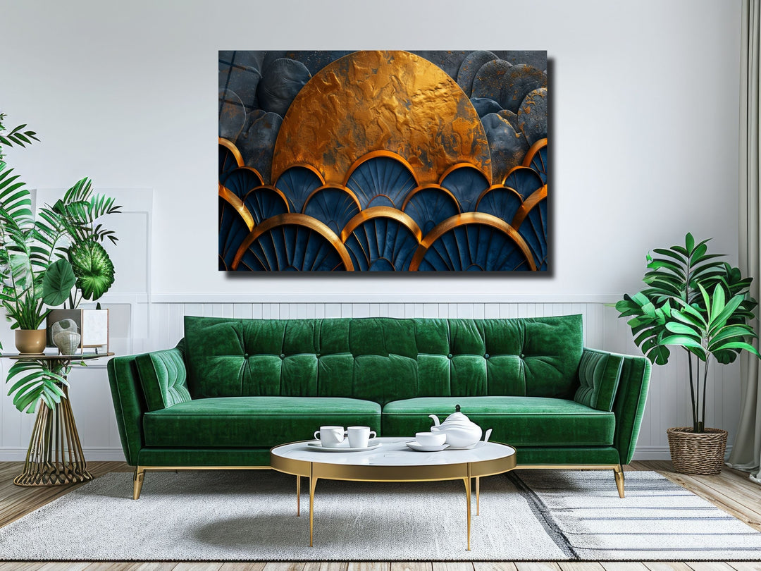 Abstract Gold Moon Glass Printing Wall Art- Ocean Wave Home&Office Wall Decor