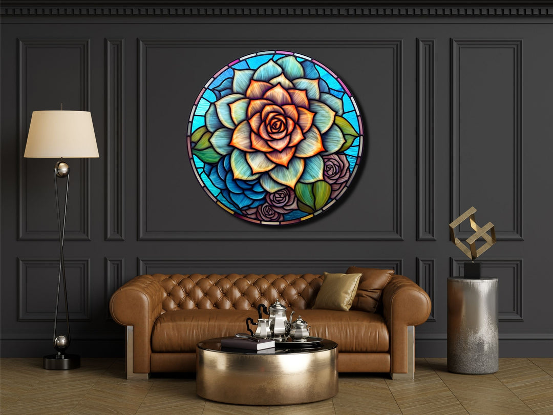 Stained Glass Lotus Flower Pattern Wall Art Decor-Glass Printing Wall Painting Round