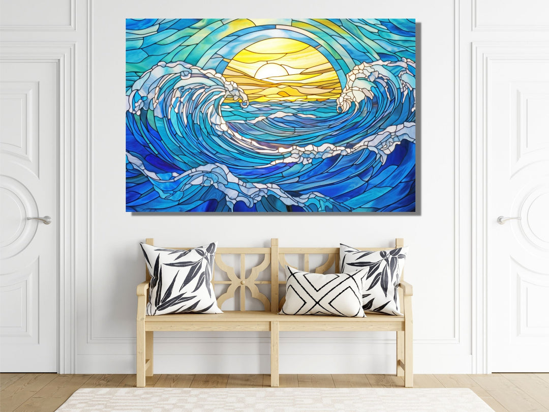 Stained Glass Ocean Wave Pattern Wall Art-Home Office Wall Painting Decor Panel