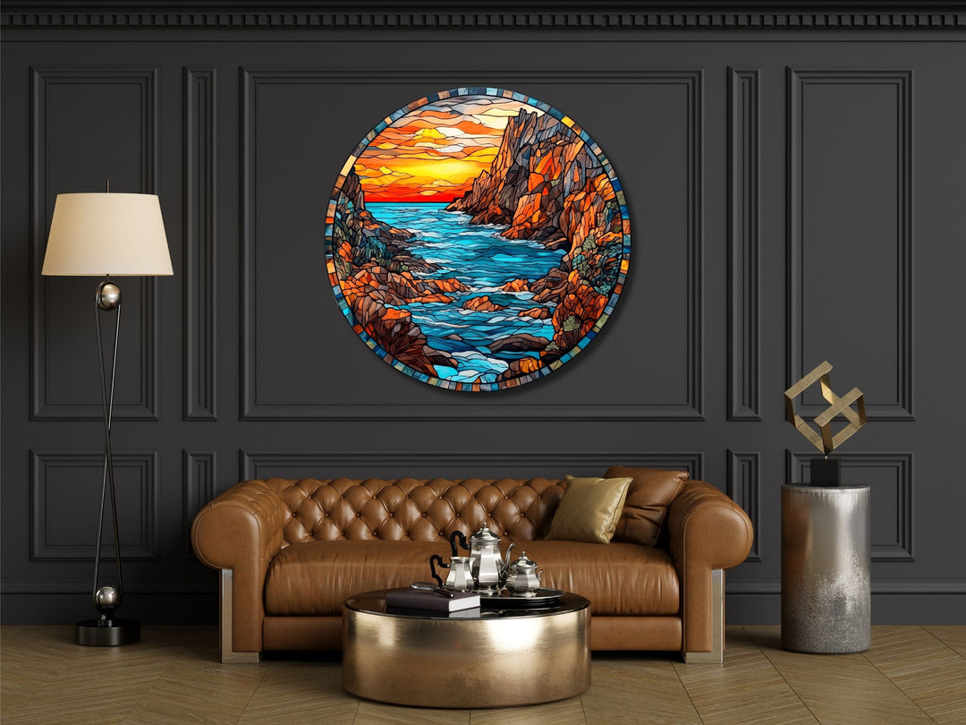 Stained Glass Sunset Pattern Wall Art Decor-Glass Printing Wall Painting Round