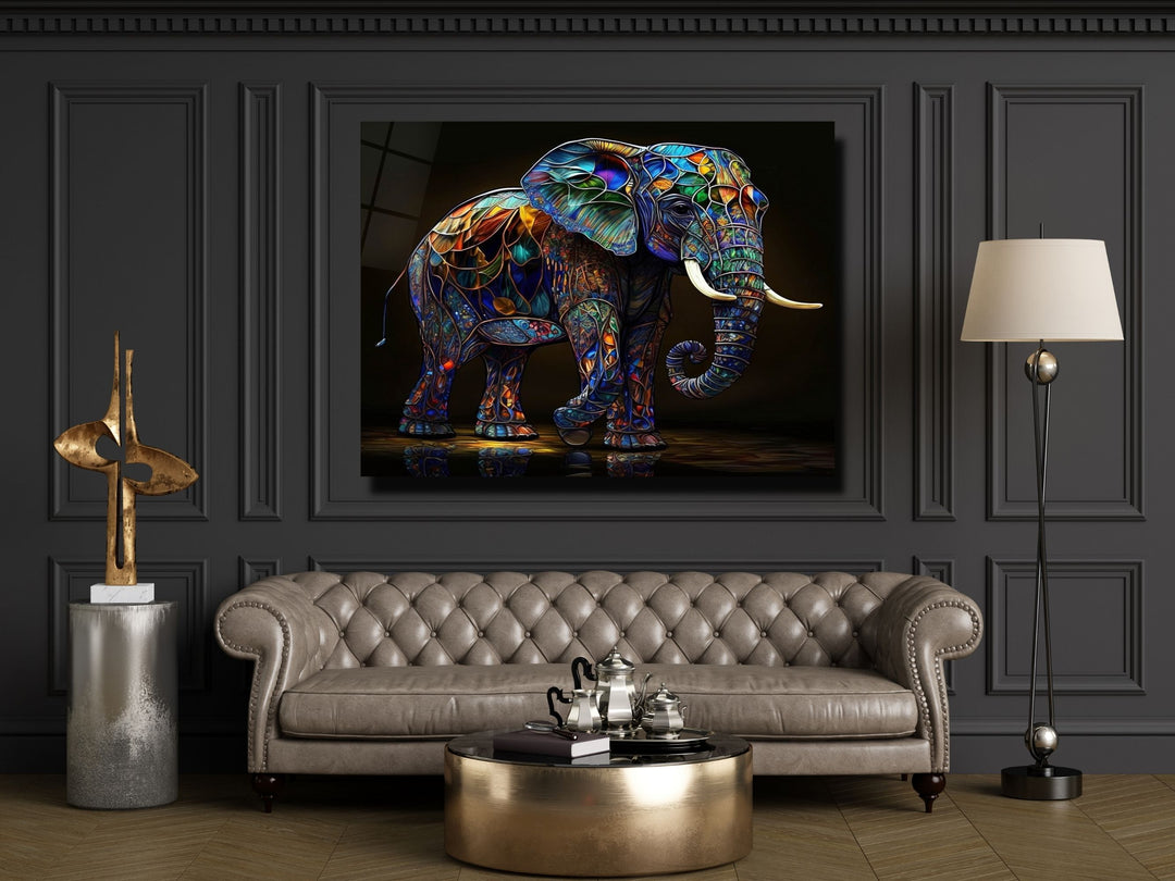 Elephant Colorful Stained Glass Pattern Glass Printing Wall Art - Glass Wall Decor