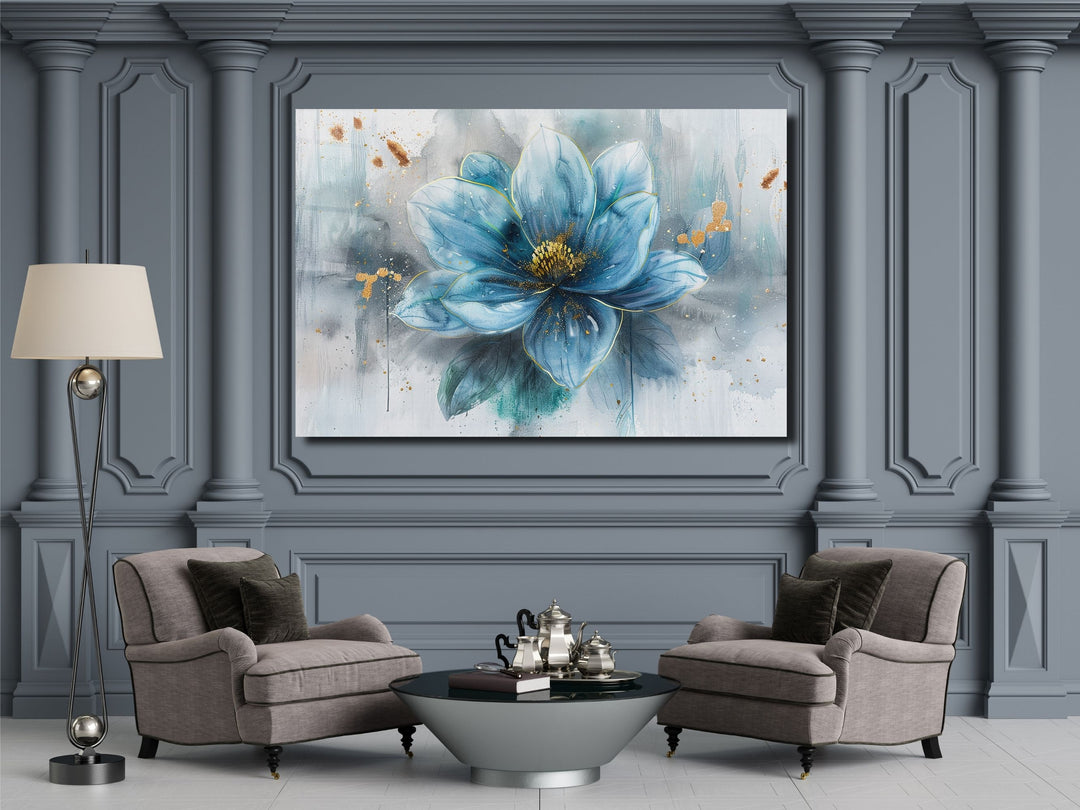 Blue Flower Glass Printing Wall Art - Floral Glass Wall Decor