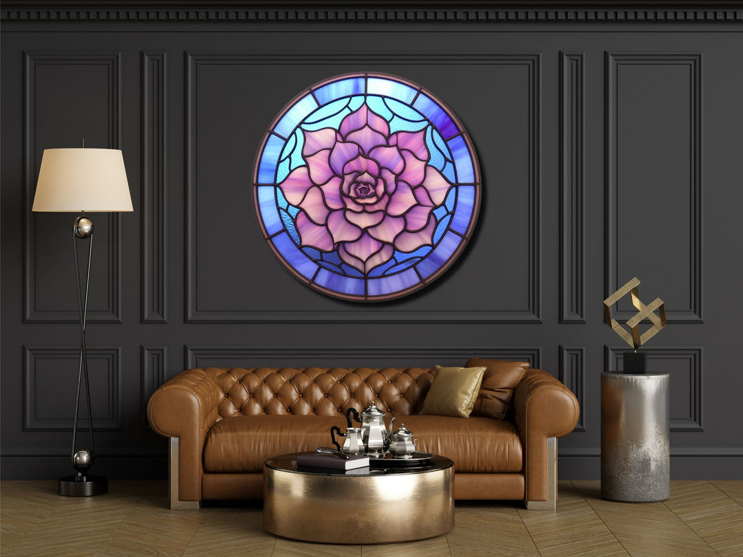 Stained Glass Lotus Flower Pattern Wall Art Decor-Glass Printing Wall Painting Round