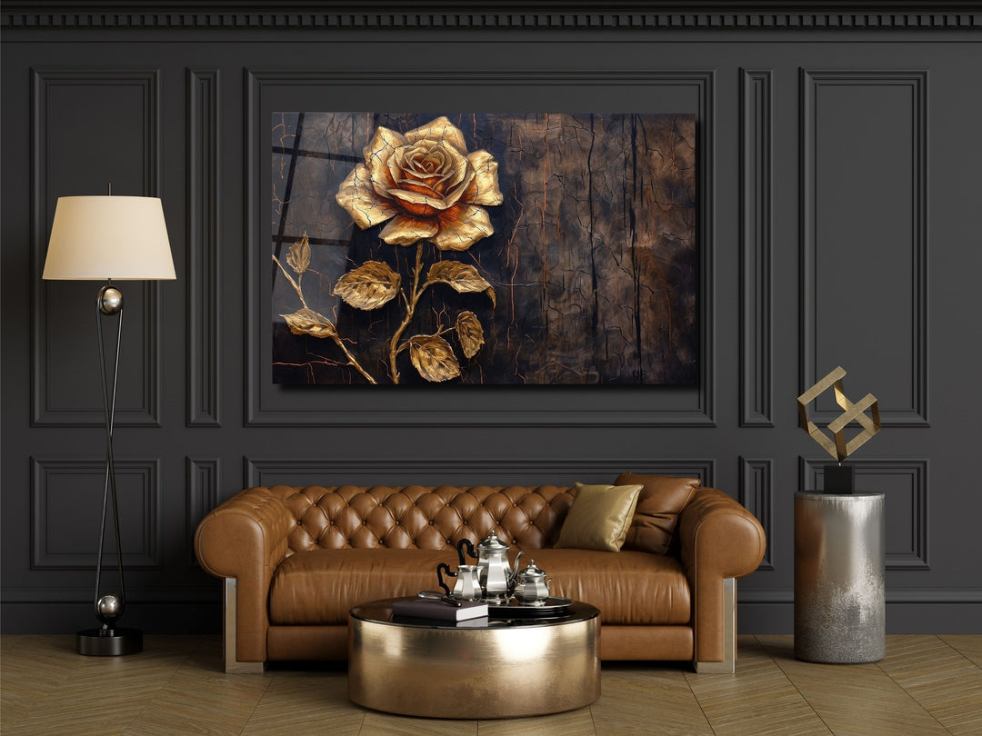 Gold Rose Glass Printing Wall Art - Glass Wall Decor