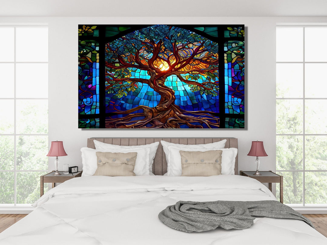 Stained Glass Tree of Life Pattern Wall Art Decor-Home&Office Glass Printing Wall Painting