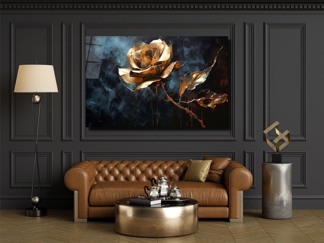 Gold Rose Glass Printing Wall Art - Glass Wall Decor