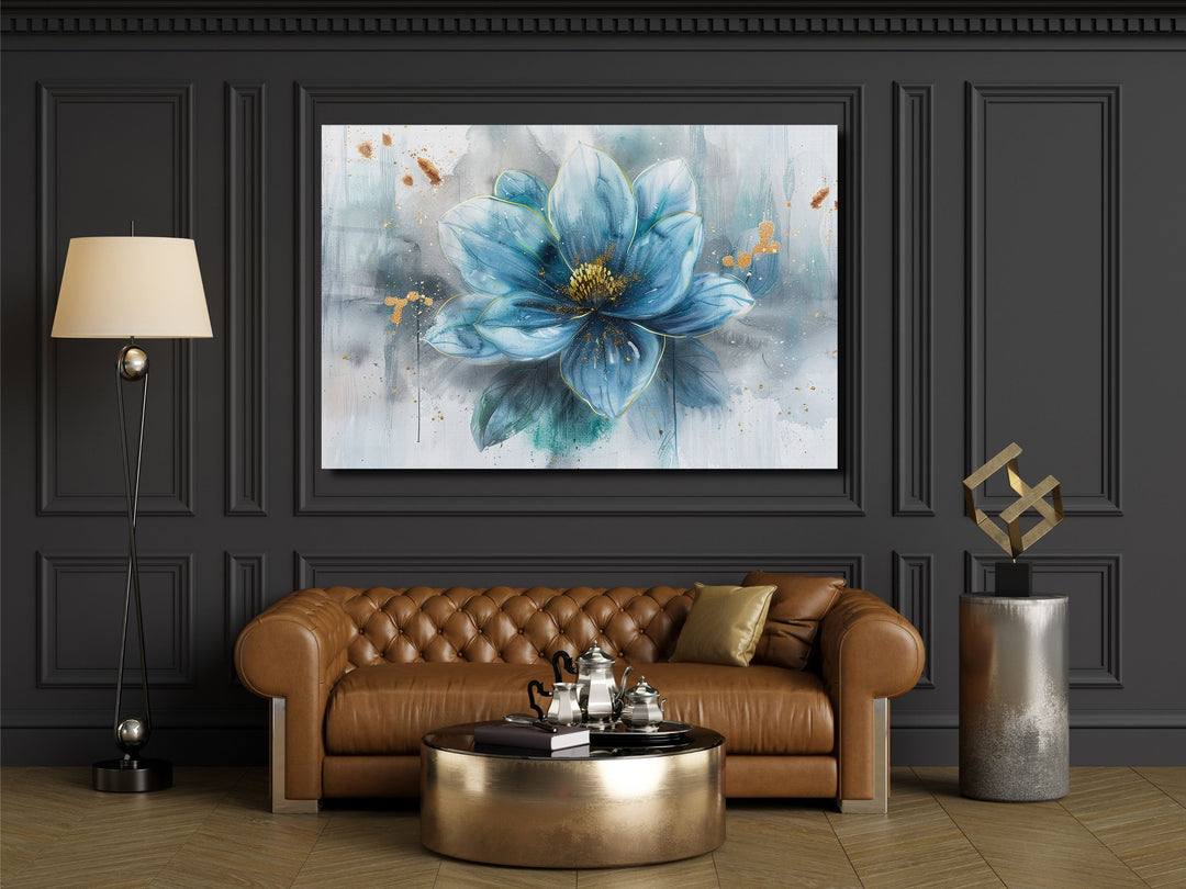 Blue Flower Glass Printing Wall Art - Floral Glass Wall Decor