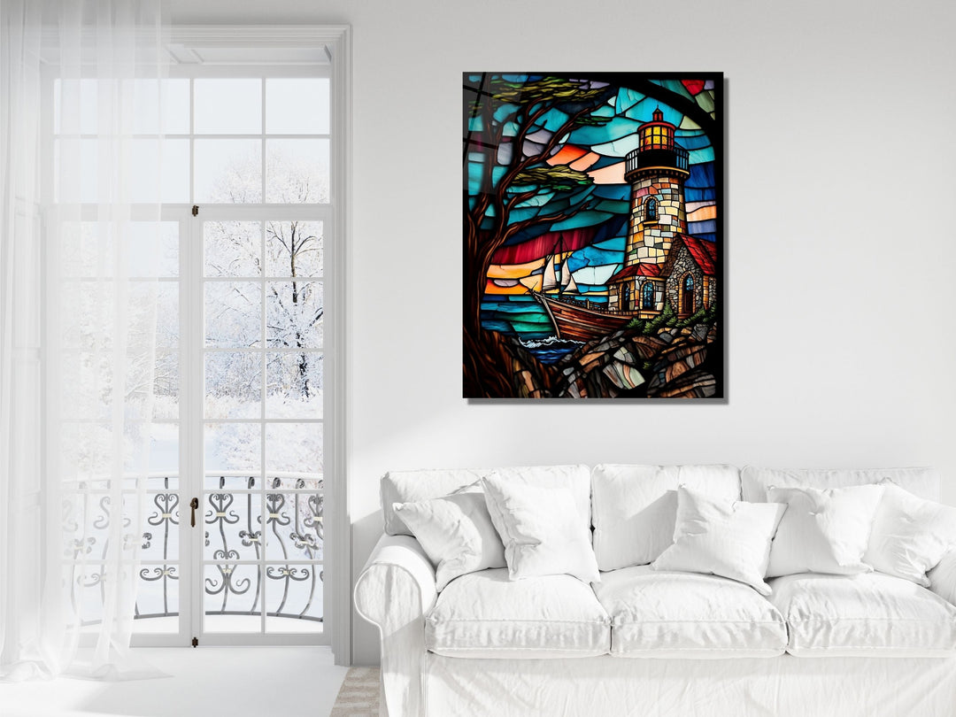 Stained Glass Light House Pattern Wall Art Window-Wall Painting Decor