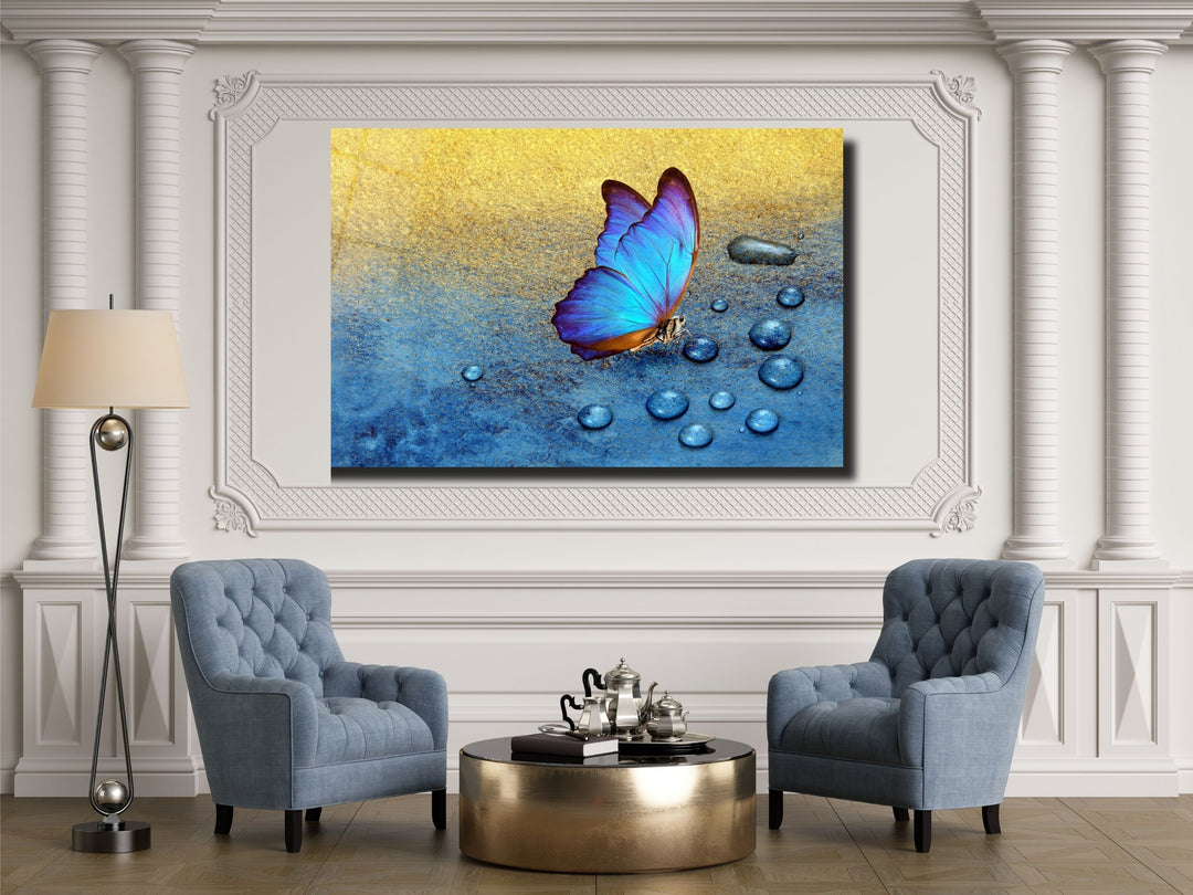 Blue Butterfly Glass Printing Wall Art - Modern Glass Wall Decor