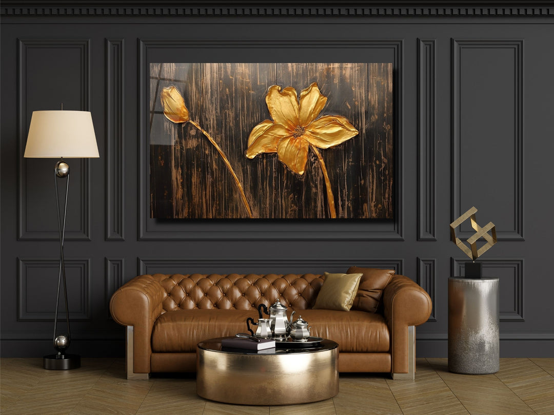 Gold Flower Glass Printing Wall Art - Glass Wall Decor