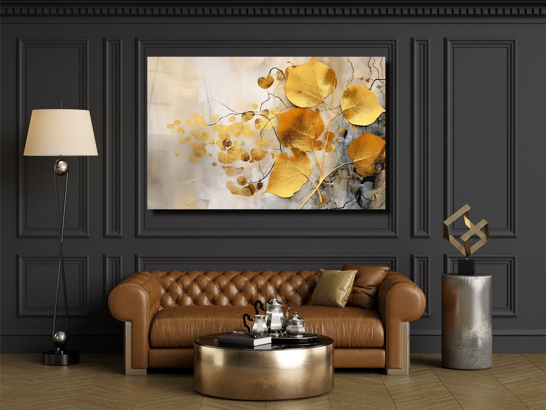 Gold Floral Glass Printing Wall Art - Glass Wall Decor