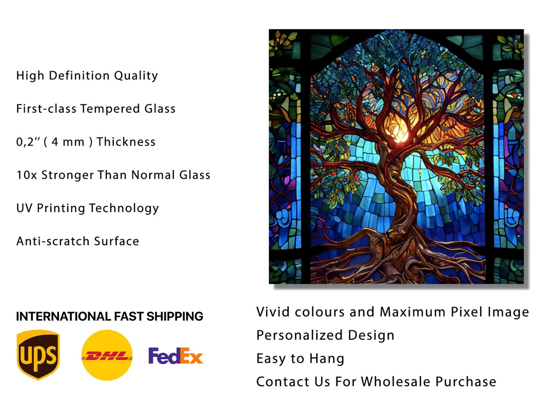 Stained Glass Tree of Life Pattern Wall Art Decor-Home&Office Glass Printing Wall Painting