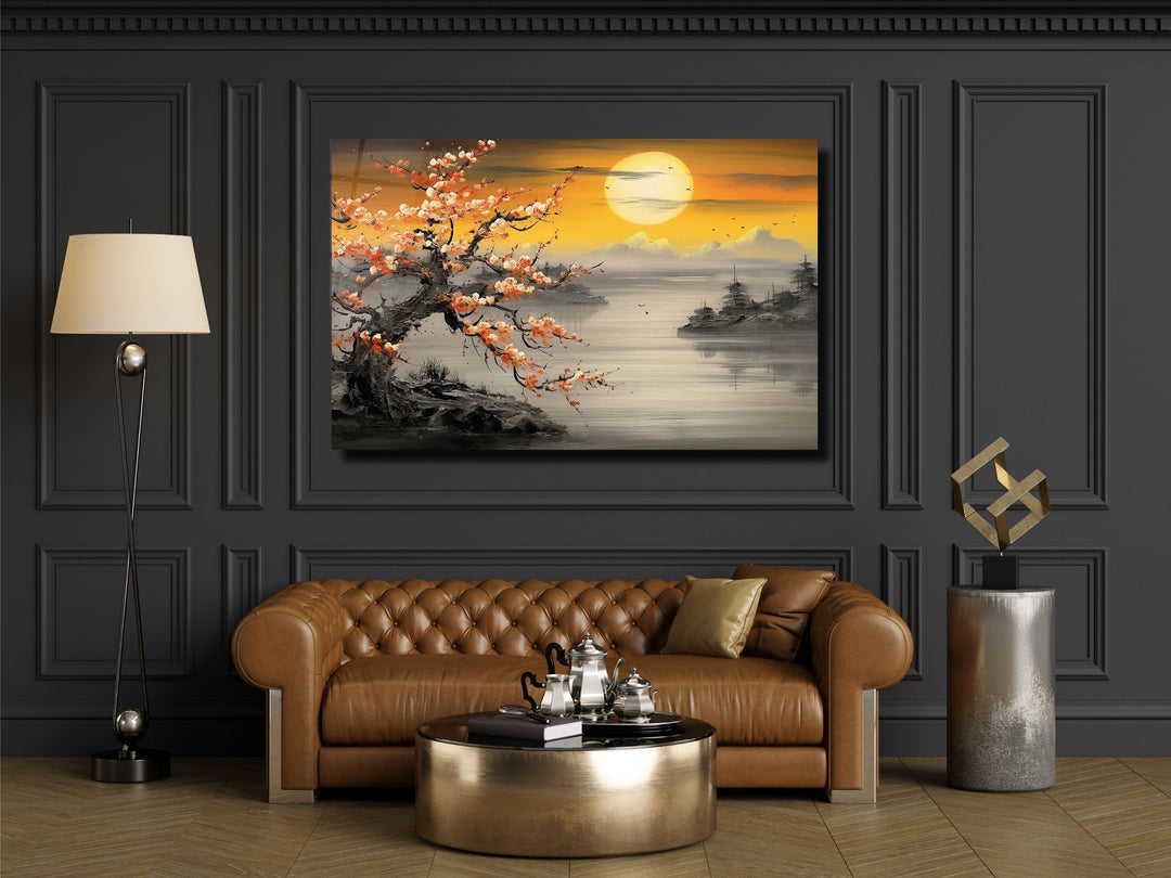 Sunset Landscape Glass Printing Wall Art - Gold Glass Wall Decor