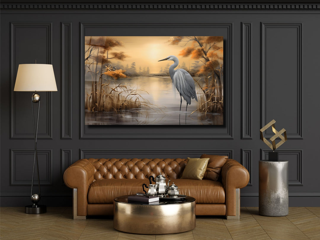 Stork Gold Glass Printing Wall Art - Landscape Glass Wall Decor