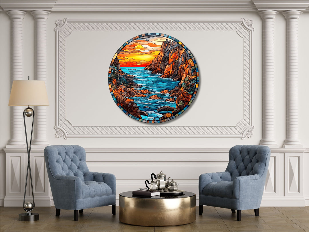 Stained Glass Sunset Pattern Wall Art Decor-Glass Printing Wall Painting Round