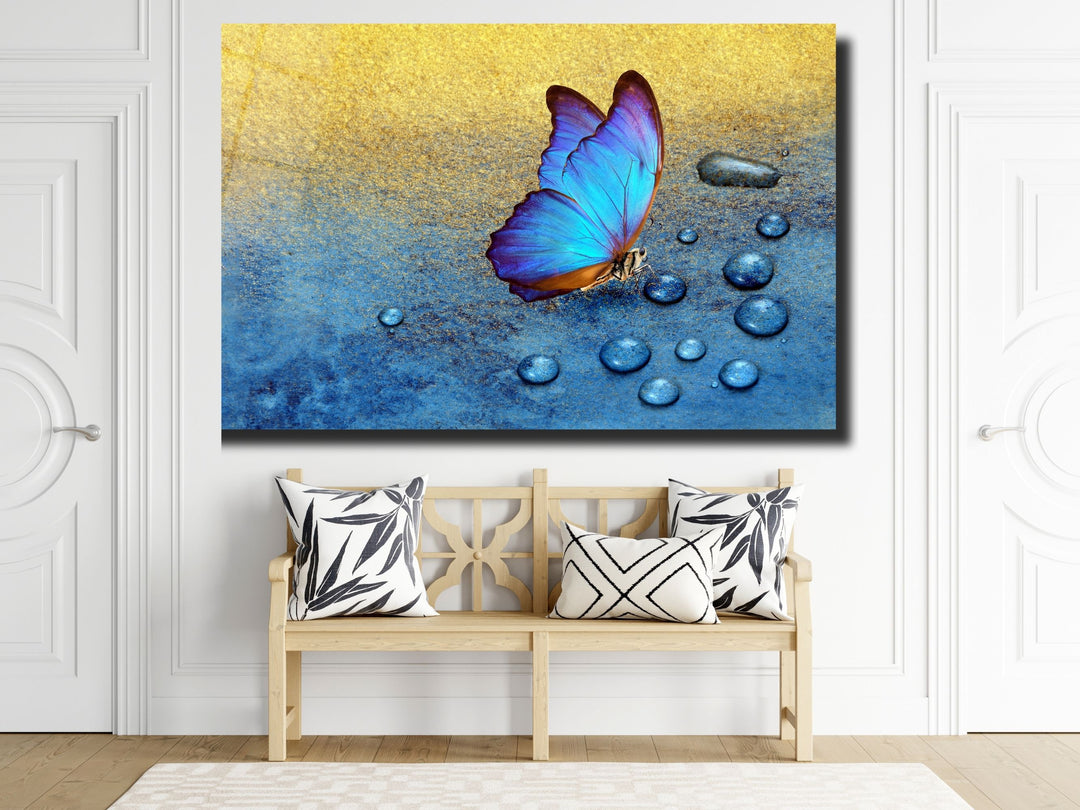 Blue Butterfly Glass Printing Wall Art - Modern Glass Wall Decor