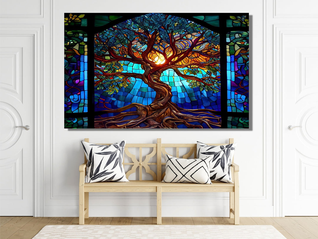 Stained Glass Tree of Life Pattern Wall Art Decor-Home&Office Glass Printing Wall Painting