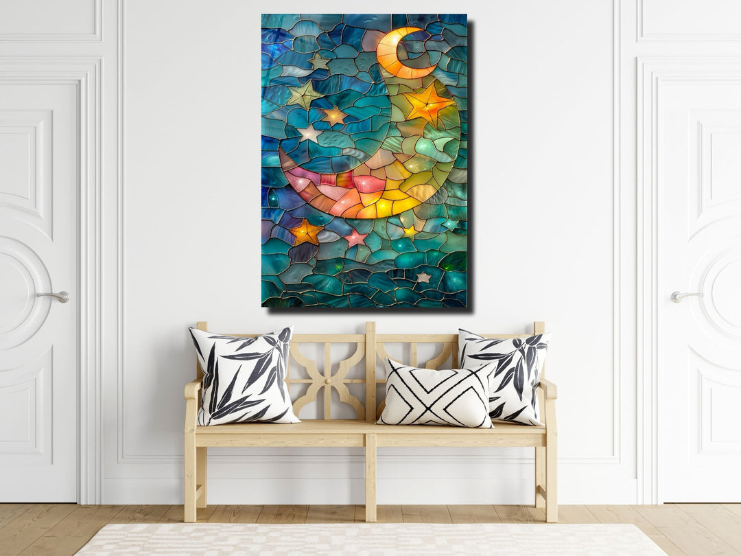 Stained Glass Moon&Star Pattern Wall Art Decor-Home&Office Glass Printing Wall Painting