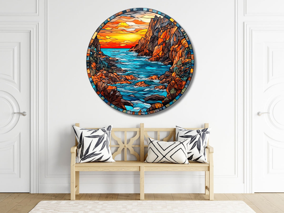 Stained Glass Sunset Pattern Wall Art Decor-Glass Printing Wall Painting Round