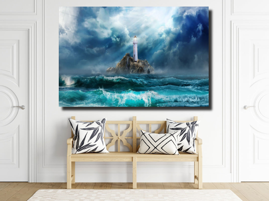 Lighthouse Blue Ocean Glass Printing Wall Art - Modern Glass Wall Decor