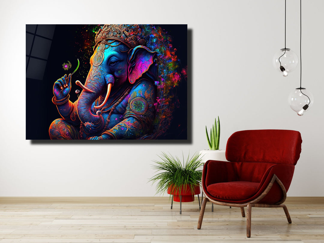 Ganesha-Colorful Elephant Glass Printing Wall Art - Modern Glass Wall Decor