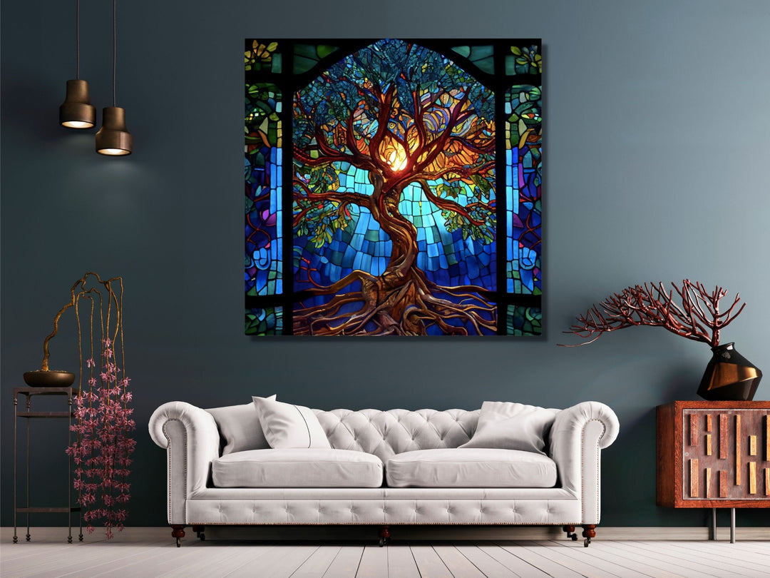 Stained Glass Tree of Life Pattern Wall Art Decor-Home&Office Glass Printing Wall Painting