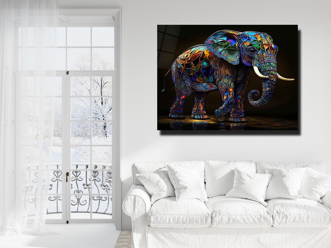 Elephant Colorful Stained Glass Pattern Glass Printing Wall Art - Glass Wall Decor