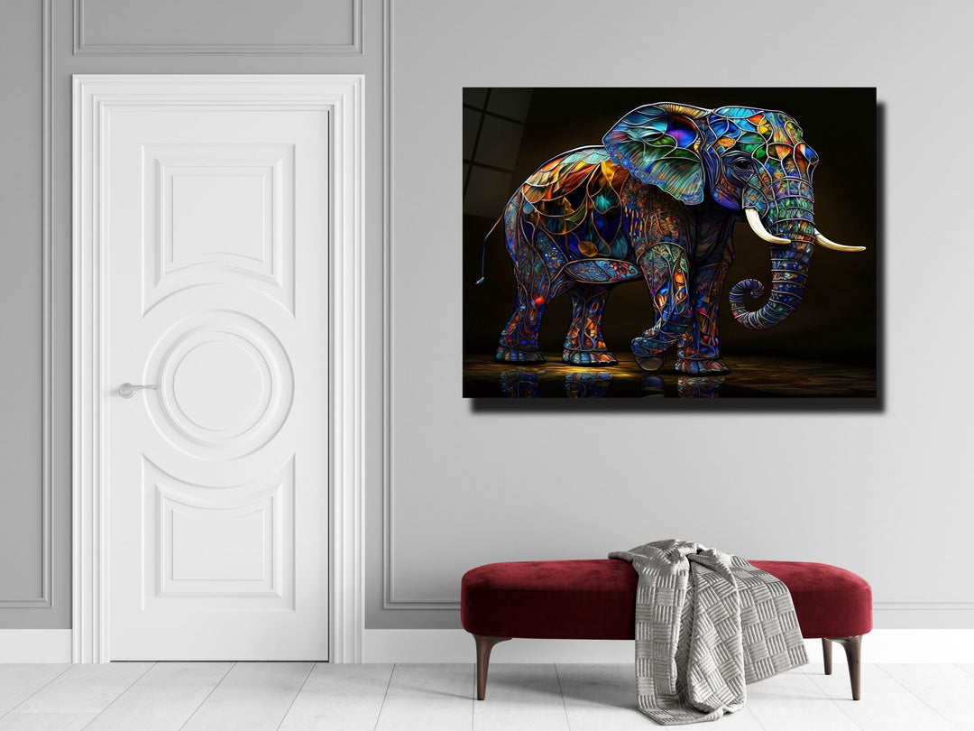 Elephant Colorful Stained Glass Pattern Glass Printing Wall Art - Glass Wall Decor