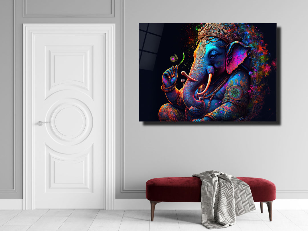 Ganesha-Colorful Elephant Glass Printing Wall Art - Modern Glass Wall Decor