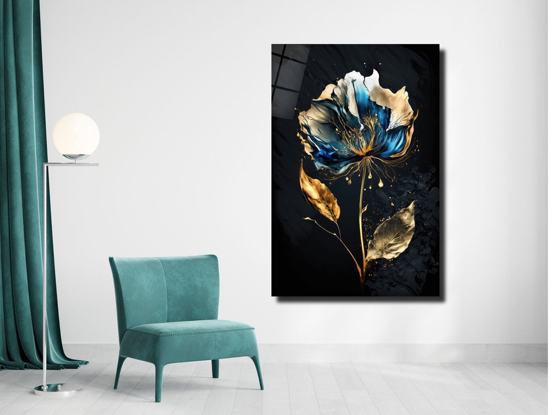 Abstract Blue&Gold Floral Glass Wall Art-Home&Office Glass Printing Wall Decor