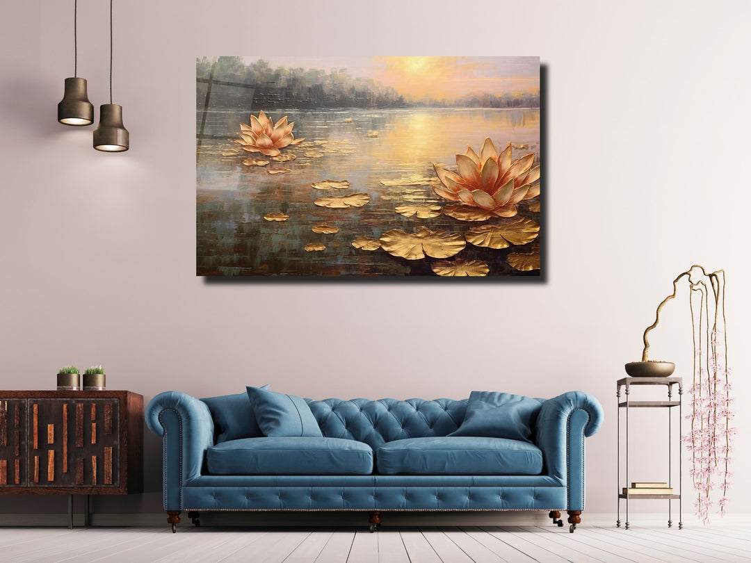 Gold Lotus Glass Printing Wall Art - Landscape Glass Wall Decor