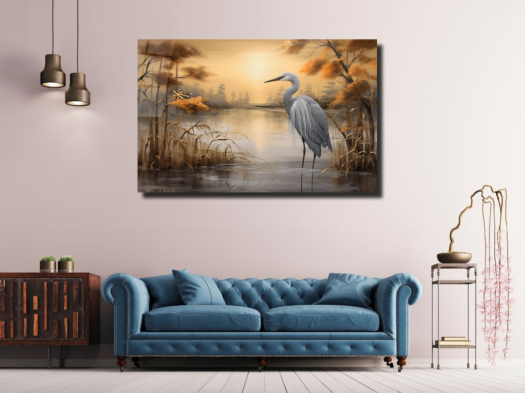 Stork Gold Glass Printing Wall Art - Landscape Glass Wall Decor