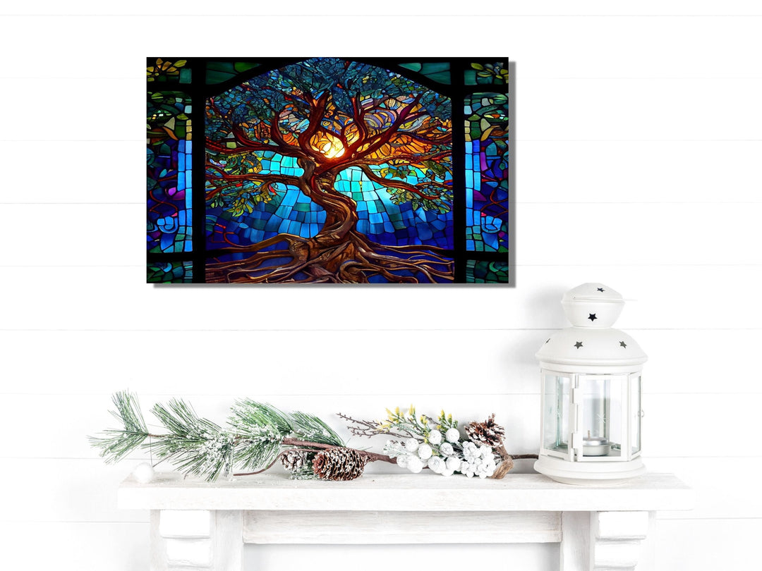 Stained Glass Tree of Life Pattern Wall Art Decor-Home&Office Glass Printing Wall Painting