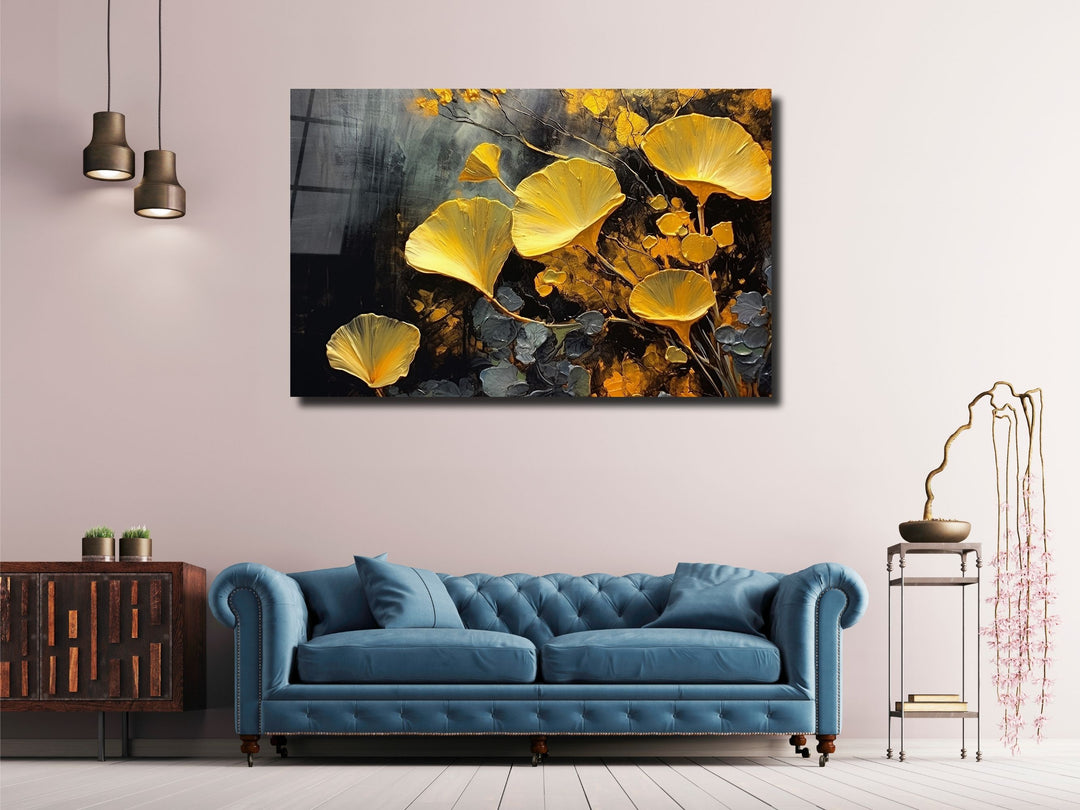 Gold Flower Glass Printing Wall Art - Glass Wall Decor