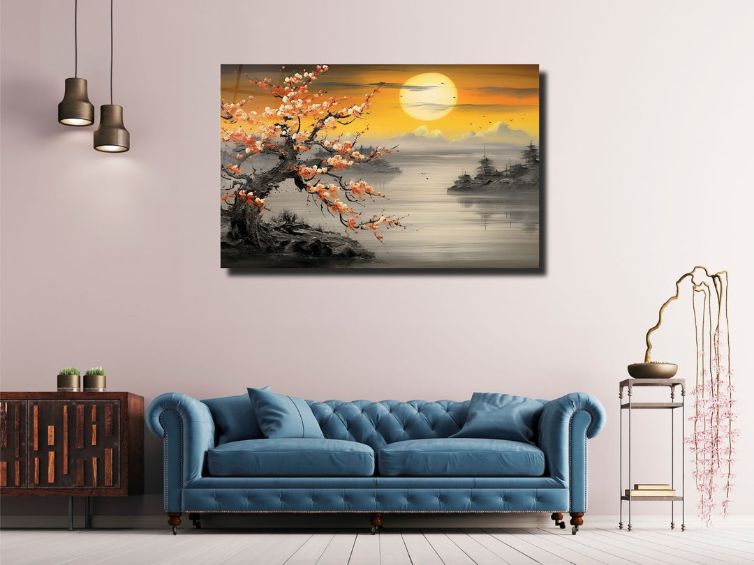 Sunset Landscape Glass Printing Wall Art - Gold Glass Wall Decor