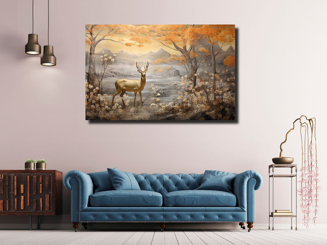 Gold Deer Glass Printing Wall Art - Landscape Glass Wall Decor