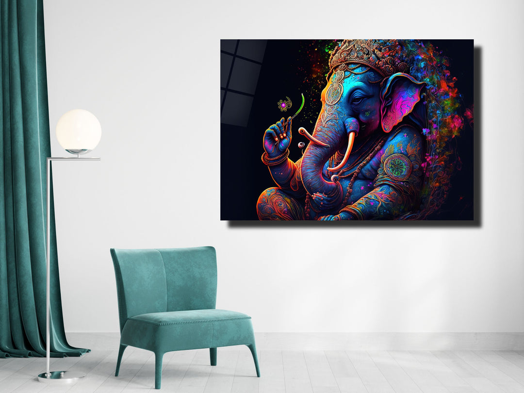 Ganesha-Colorful Elephant Glass Printing Wall Art - Modern Glass Wall Decor