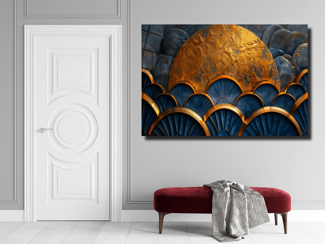 Abstract Gold Moon Glass Printing Wall Art- Ocean Wave Home&Office Wall Decor