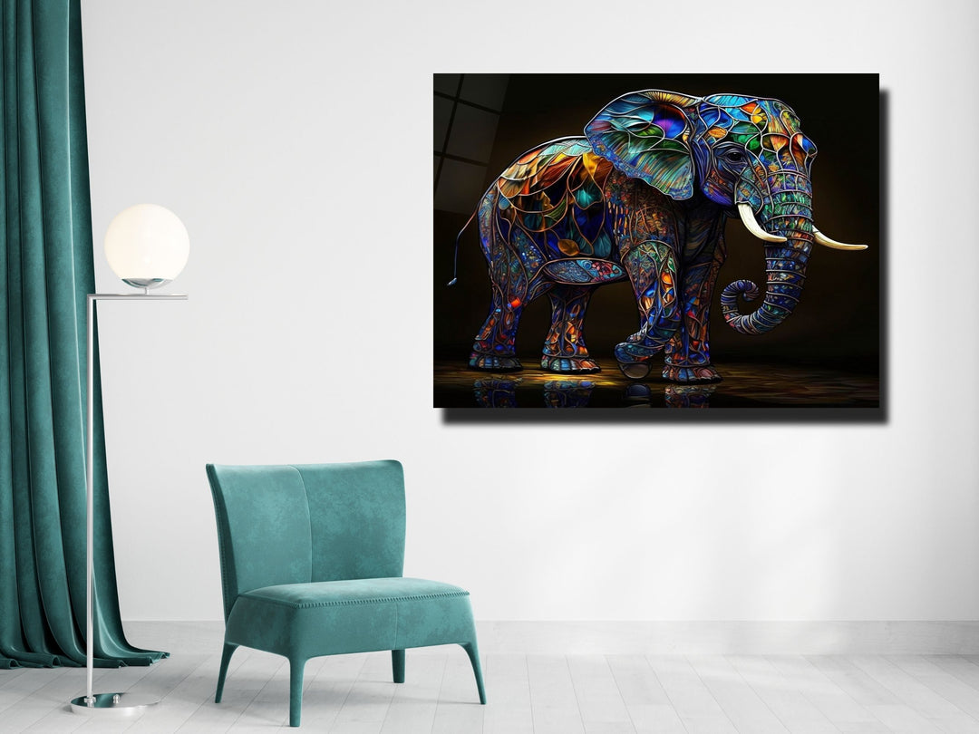 Elephant Colorful Stained Glass Pattern Glass Printing Wall Art - Glass Wall Decor