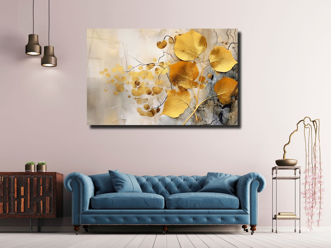 Gold Floral Glass Printing Wall Art - Glass Wall Decor