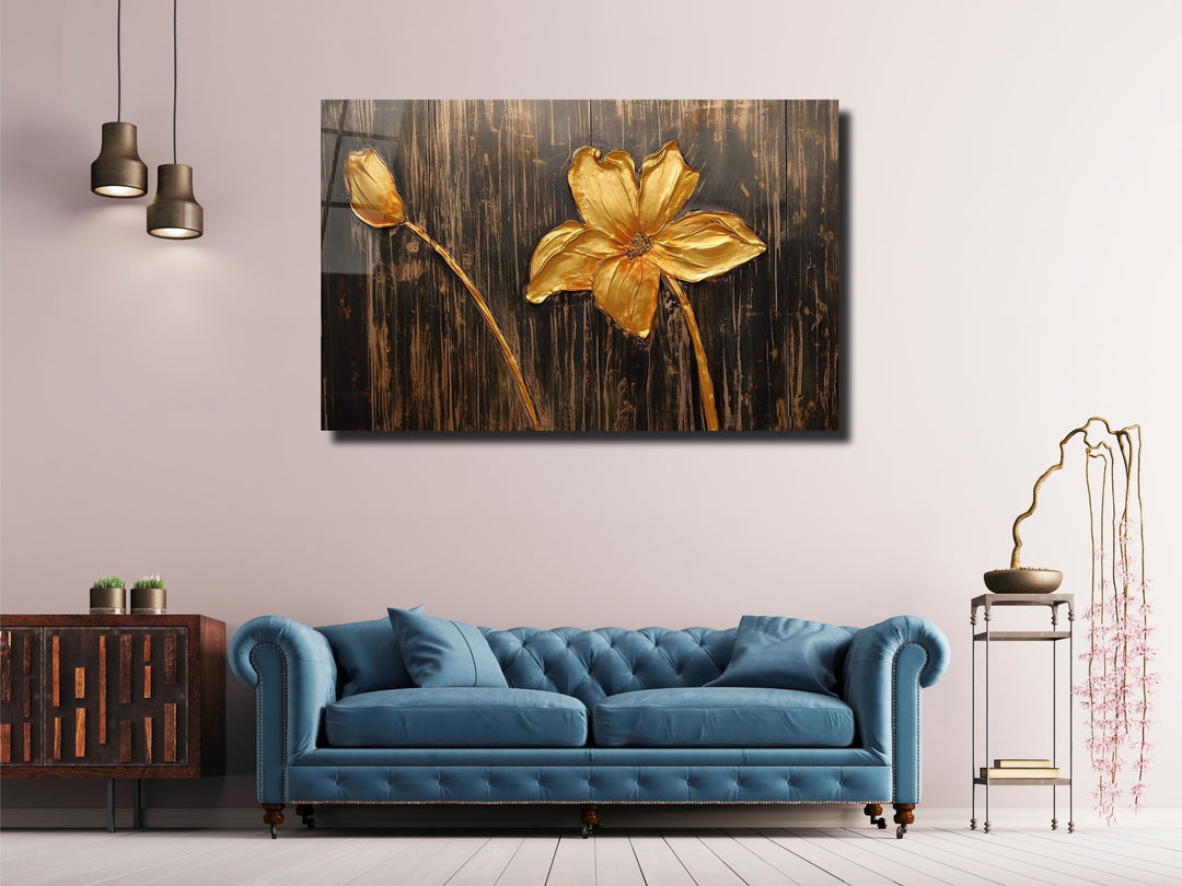 Gold Flower Glass Printing Wall Art - Glass Wall Decor