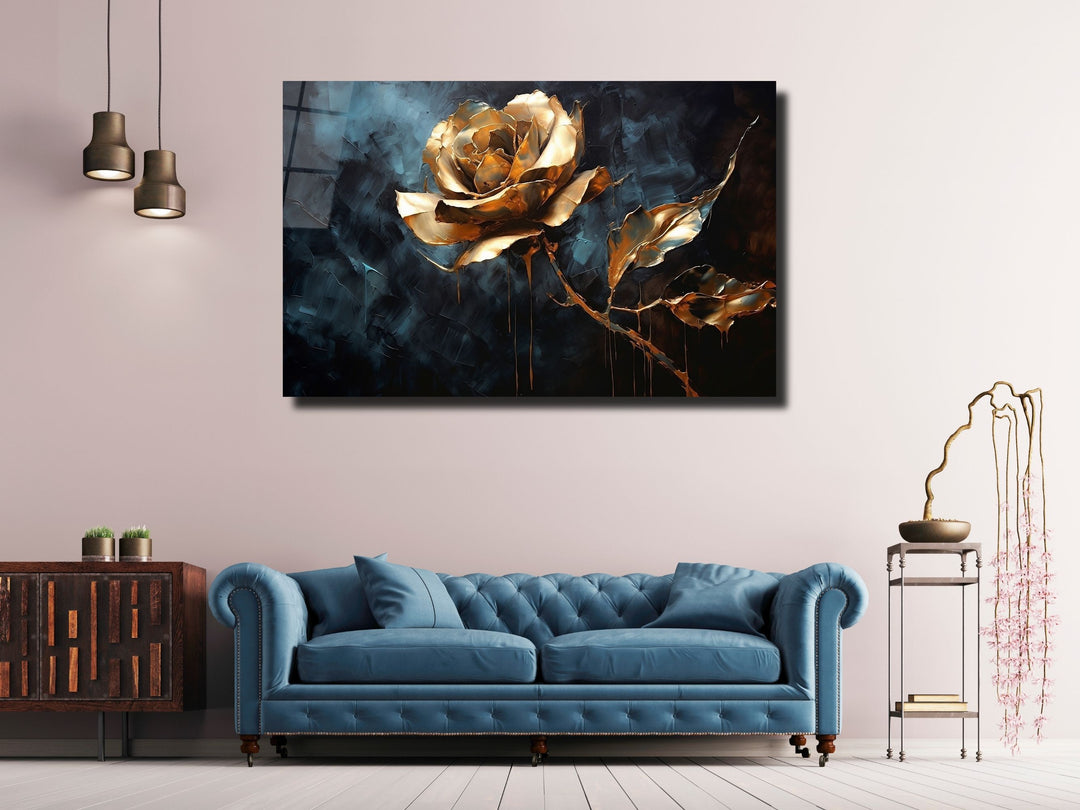 Gold Rose Glass Printing Wall Art - Glass Wall Decor