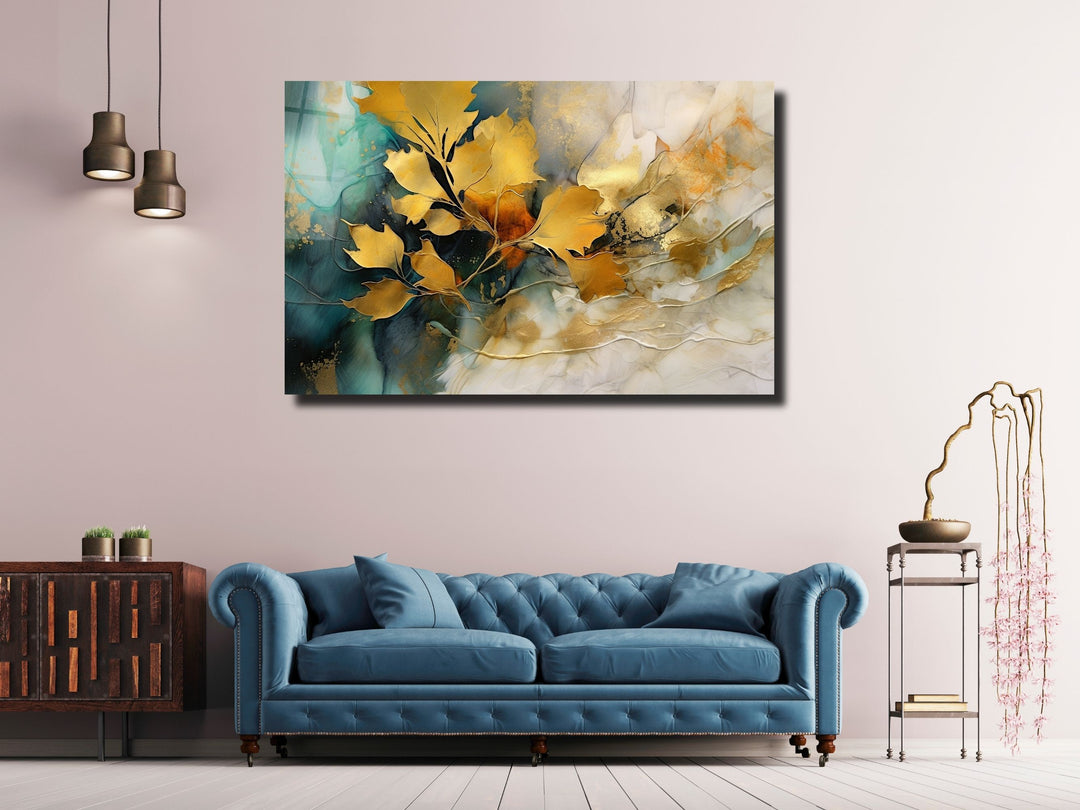 Gold Floral Glass Printing Wall Art - Glass Wall Decor